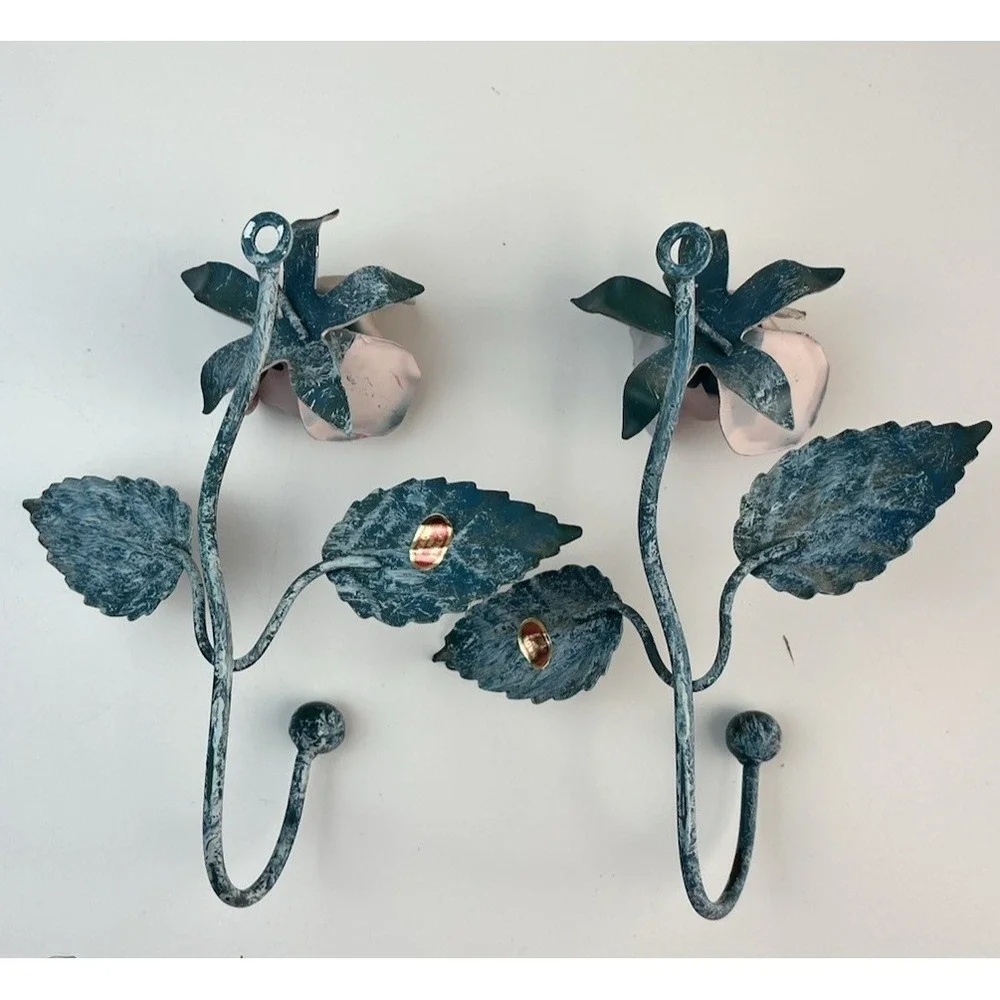 Vintage Italian Tole Rose Pink Wall Hook SET OF 2 Metal Shabby Chic Cottagecore
